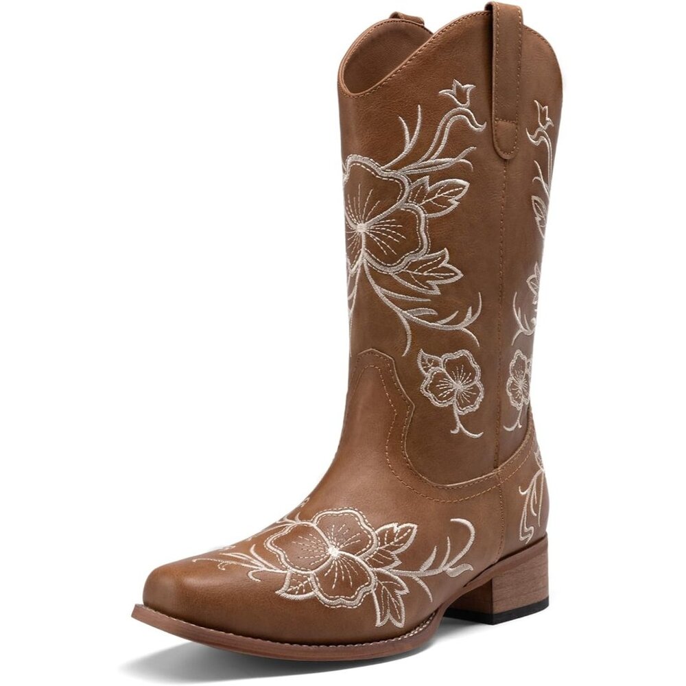 Women's Tan Western Cowboy Boots Square Toe Embroidered Mid Calf Chunky Heel